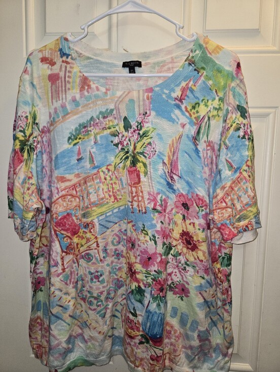 Talbots Tops - Talbots Multicolor Floral Scenic Short Sleeve Tee in Pink Blue Green Yellow